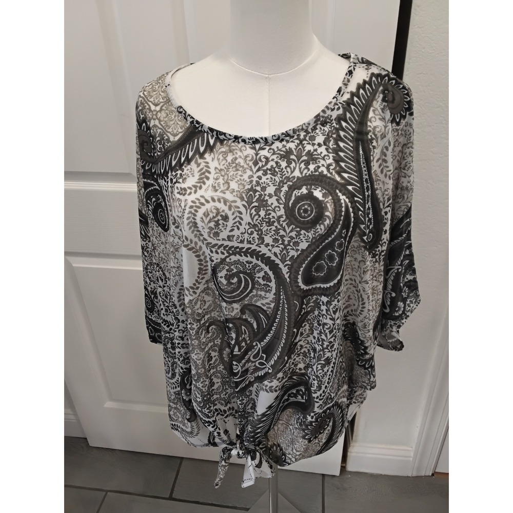 Alfani‎ Womens XL Black White Paisley Sheer Chiffon Tie Front Dolman Blouse